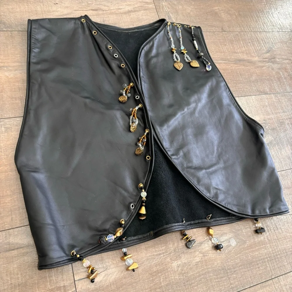 Hand Crafted Leather Vest Women's Open Front Cropped Black with Beads